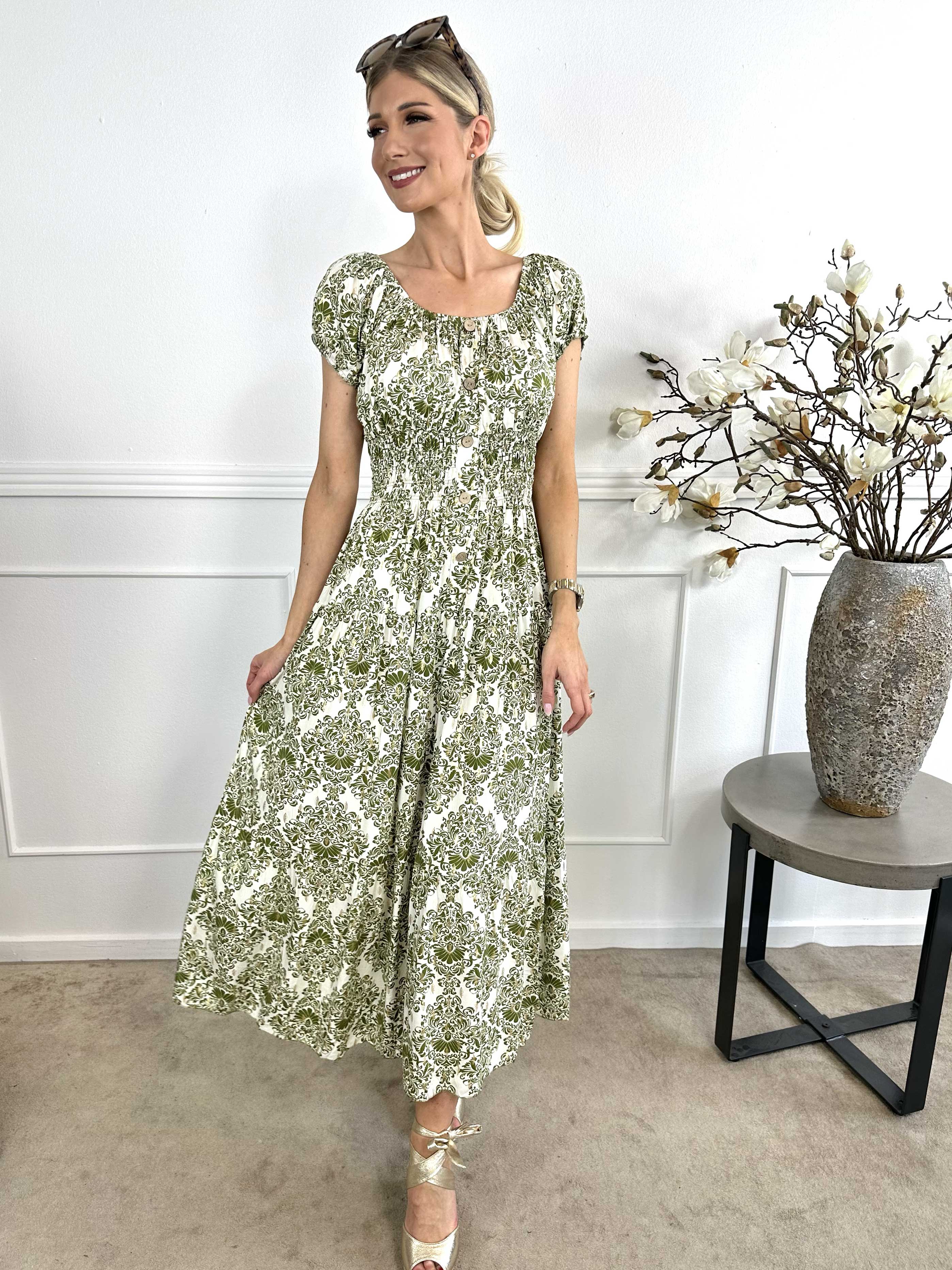 Elise - Lang mønstret kjole med elastik i udskæringen